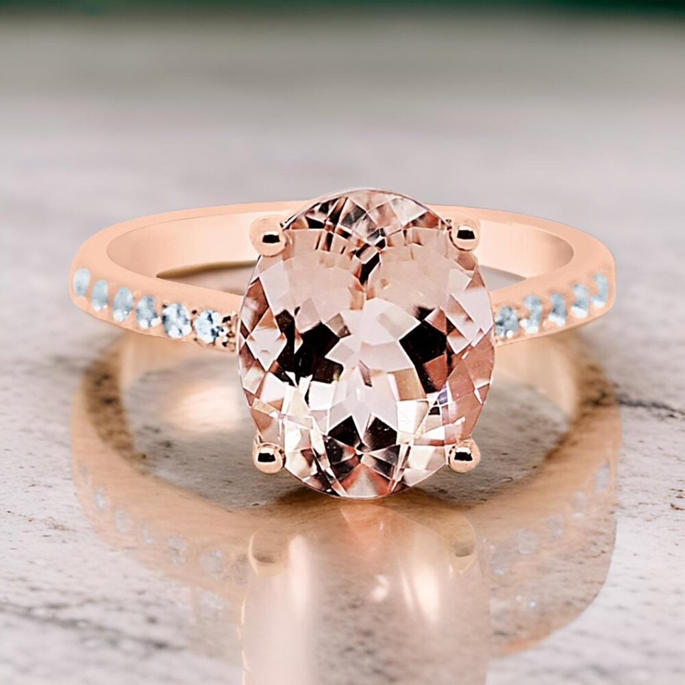 NEW 18K ROSE GOLD PLATED MORGANITE HALO RING FOR WOMEN BRIDAL JEWELRY